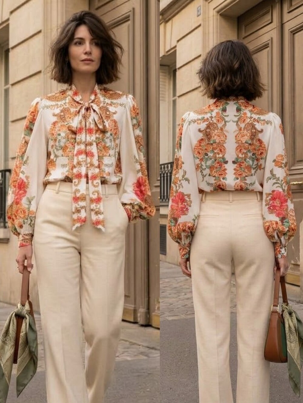 Flying Tomato M Baroque Floral Paisley Tie-Neck Sleeve Parisian Romantic Dainty